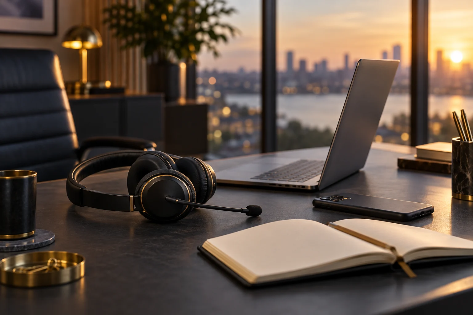 Headset, laptop, and notebook in a welcoming reception workspace