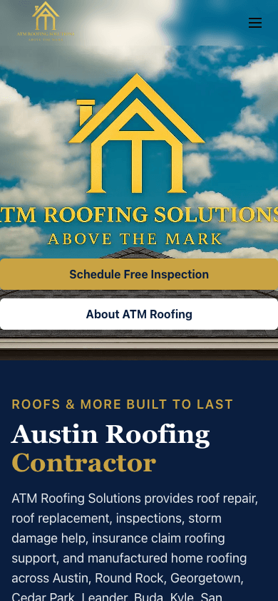 ATM Roofing Solutions live website at mobile width