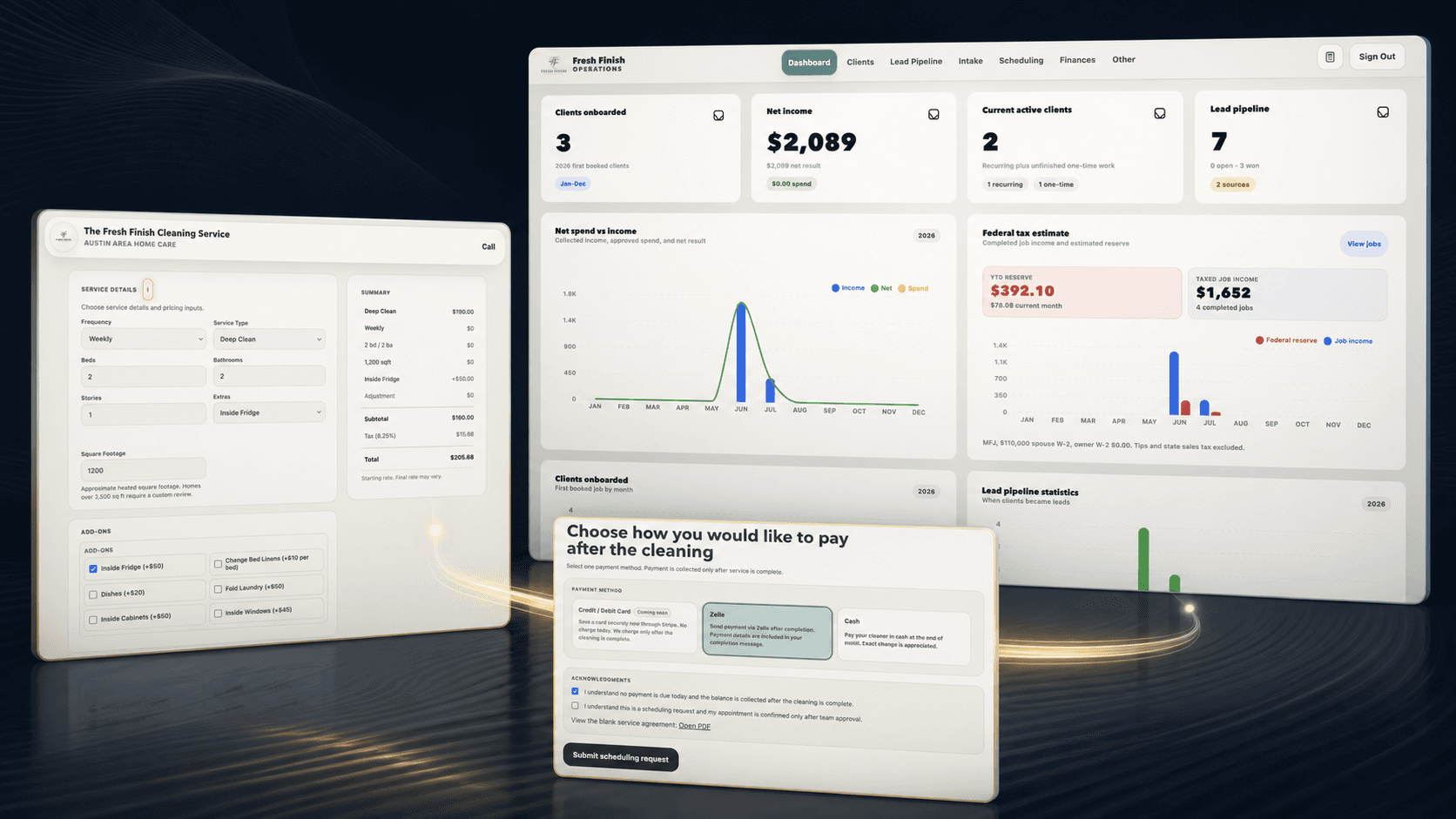 Connected cleaning platform showing customer quote and payment interfaces flowing into the internal operations dashboard