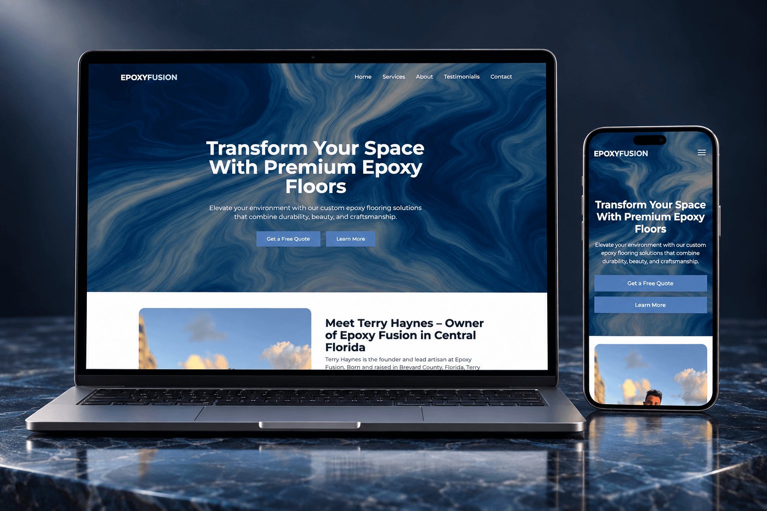 Epoxy Fusion website presented on a laptop and phone