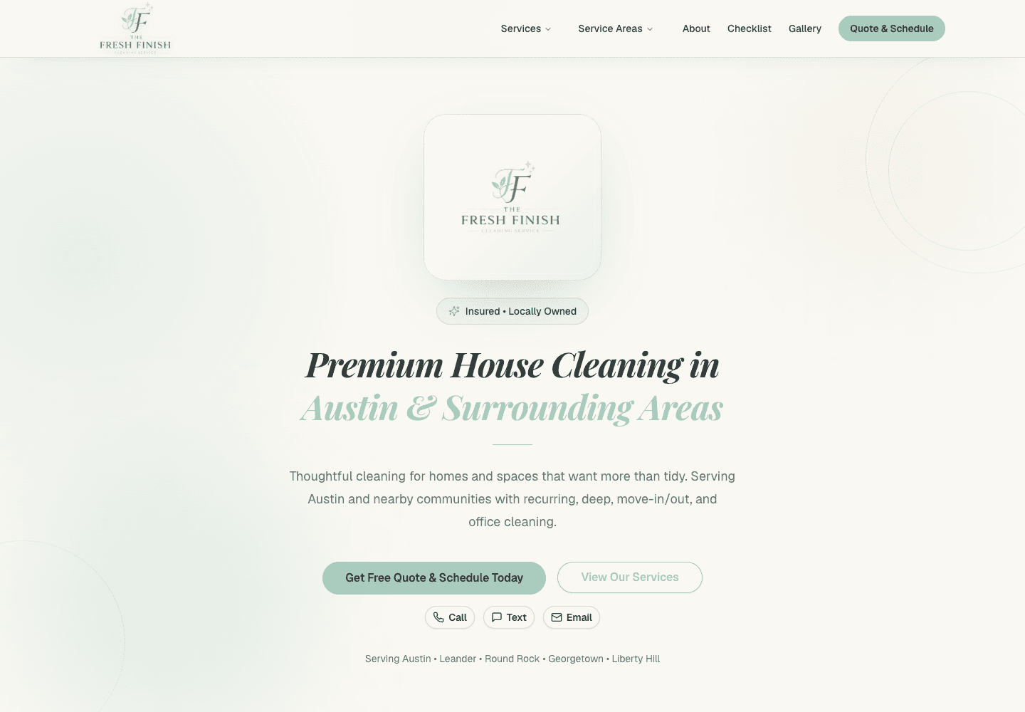 The Fresh Finish live website at desktop width