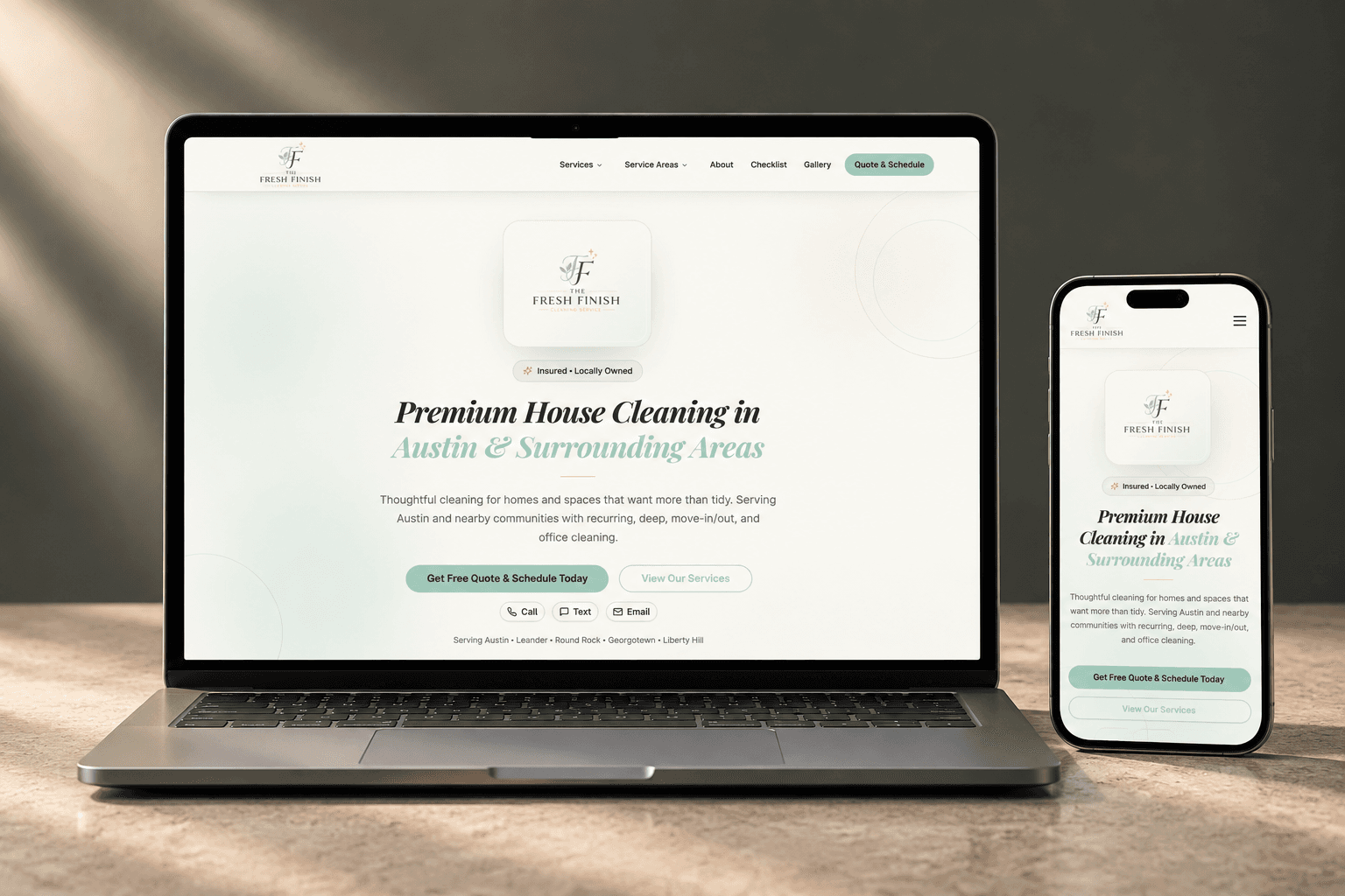 The Fresh Finish website presented on a laptop and phone